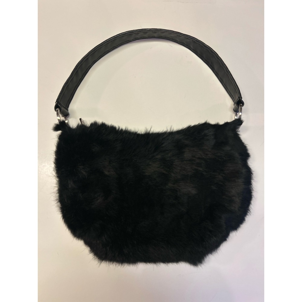 Express Black Genuine Rabbit Fur Handbag Leopard Lining Y2K Vintage Shoulder Bag